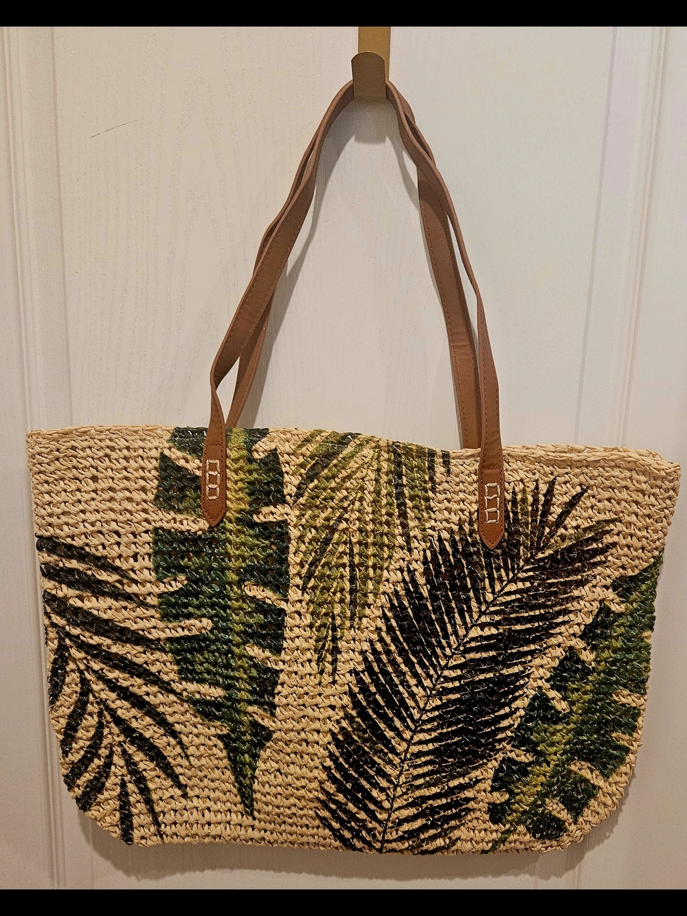 Macy's Woven Straw Tote with Green & Black Leaf Print and Brown Straps